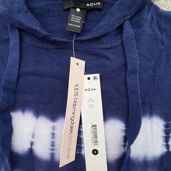 Aqua Womens Pullover Sweater Small Navy Blue Tie Dye Stripes Long Sleeve Hooded - Picture 3 of 5